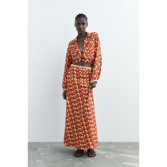 NWT Zara Printed Linen Blend Beaded Waistband High Waisted Maxi Skirt, Size XS - Picture 4 of 15